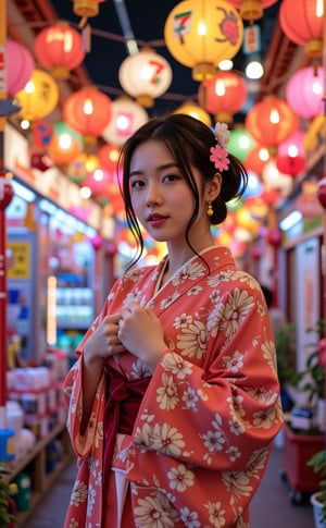 a colorful festival of lanterns background, beautiful androgynous, lace and velvet Yukata, beautiful face, beautiful legs, light orange eyes, very happy face, full body, colorful colors, detailed background beautiful, 7-eleven store, night vibe,high quality, 8K Ultra HD, 3D effect, A digital illustration of anime style, soft anime tones, Atmosphere like Kyoto Animation, luminism, three dimensional effect, luminism, 3d render, octane render, Isometric, awesome full color, delicate and anime character expressions, playful body manipulations, smile, gaze into the camera, Whimsical lighting, Enchanted ambiance, Soft textures, Imaginative artwork, Ethereal glow, Silent Luminescence, Whispering Silent, Iridescent Encounter, pixie dust glittering, vibrant background, full body, (((rule of thirds))), high quality, high detail, high resolution, (bokeh:2), backlight, long exposure:2,fantasy