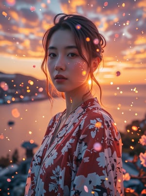 High image quality, 8K ultra-high definition, beautiful double exposure, the goddess has an oriental face, and the silhouette is the top below the neck. The silhouette is combined with the sunset coast, the sunset coast is used as the underlying background of the clothes, the details are integrated into the goddess, the lines are clear, the background is the sunset, the focus is sharp, double exposure, by yukisakura, great full color, long shot movie effect