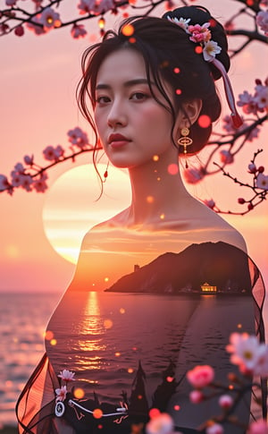 Hayao Miyazaki style anime style. High image quality, 8K ultra-high definition, beautiful double exposure, the goddess has an oriental face, and the silhouette is the top below the neck. The silhouette is combined with the sunset coast, the sunset coast is used as the underlying background of the clothes, the details are integrated into the goddess, the lines are clear, the background is the sunset, the focus is sharp, double exposure, by yukisakura, great full color, long shot movie effect