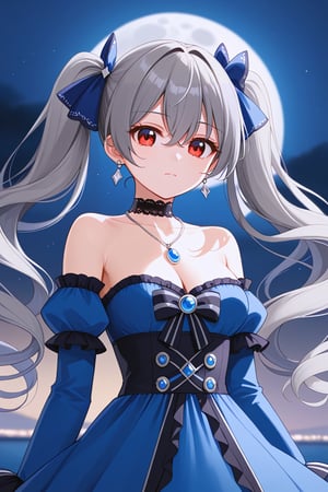  High Quality 32K Animation Style 1girl, single, long hair, breasts, looking at viewer, bangs, red eyes, dress, bow, full body shot, cleavage, hair between eyes, bare shoulders, ponytails, jewelry, medium breasts, closed mouth, collarbone, upper body, hair accessories, gray hair, earrings, outdoors, ruffles, detached sleeves, sky, choker, puff sleeves, necklace, blur, night, flowing hair, blue dress, black choker, blue bow, moon, full moon, pendant, blue sleeves 