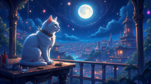 High quality, masterpiece, 8K, colorful starry sky, full moon and bright moon, a white cat is very charming. Its big eyes are deep

The cat is sitting on the table looking outside, looking noble, like an elf guarding the little girlniji