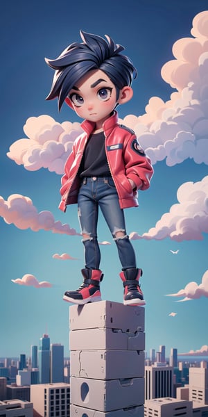  Masterpiece by master, Cute chibi 1boy figure, "SYNC" text on top((bold, futuristic font)), stylish attire, Red long jacket, dark blue jeans, faux hawk hairstyle, innocent, 4k, aesthetic, daytime, clouds, cityscape background, fhd,chibi 1boy,1boy,SAM YANG,3DMM,chibi