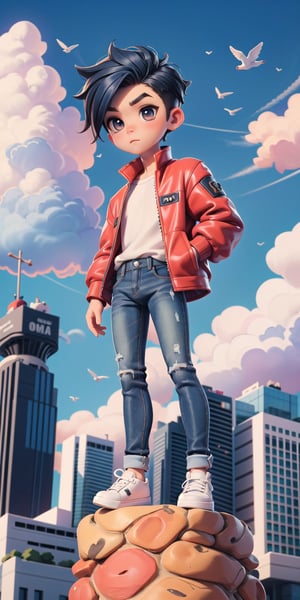  Masterpiece by master, Cute chibi 1boy figure, stylish attire, Red long jacket, dark blue jeans, faux hawk hairstyle, innocent, 4k, aesthetic, daytime, clouds, cityscape background, fhd,chibi 1boy,1boy,SAM YANG,3DMM,chibi