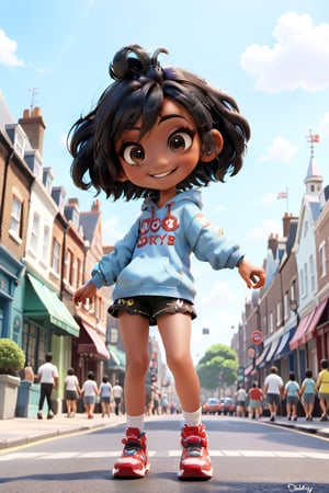 disney style, teen boy 1boy, fir body, smiling, cute, aesthetic clothes, disney pixar style, casual clothes, kawaii, street, London, aesthetic background, masterpiece, master, amazing, rich texture, ample light, blue sky, boy, 1guy, male,chibi