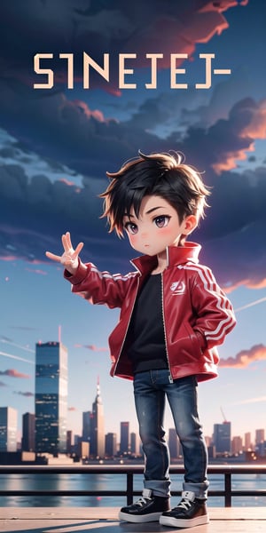  Masterpiece by master, Cute chibi 1boy figure, stylish attire, Red long jacket, dark blue jeans, faux hawk hairstyle, innocent, 4k, aesthetic, cityscape background, fhd,chibi 1boy,1boy,SAM YANG