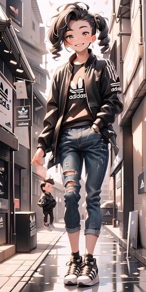  Masterpiece by master, Cute chibi 1boy figure, stylish attire, Red long jacket ((height:1.5)), dark blue jeans, Adidas Mid-top shoes ((Adidas Logo)), faux hawk hairstyle, smiling expression, innocent, 4k, aesthetic, Japanese city street background, fhd,chibi 1boy,1boy,SAM YANG,3dcharacter,chibi,1 girl