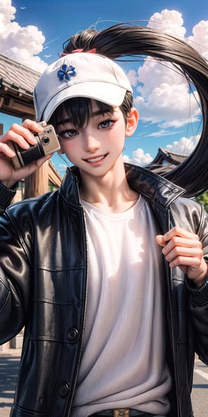  Masterpiece by master, 22 y/o, fit body, looking_at_camera, :), smiling face, Cute 1boy figure, stylish attire, Purple Long Jacket, full white t shirt, dark blue jeans, faux hawk hairstyle ((black)), black hair, innocent, 4k, aesthetic, blue sky, natural light, daytime, clouds, Tokyo city street background, fhd,1boy,1boy,one_boy,ONE_BOY,SAM YANG,3DMM, detailed_background ,klee (genshin impact),Portrait