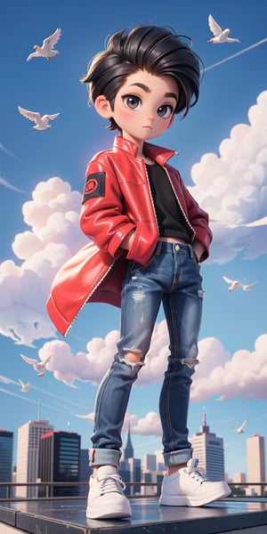  Masterpiece by master, Cute chibi 1boy figure, stylish attire, Red long jacket, dark blue jeans, faux hawk hairstyle, innocent, 4k, aesthetic, daytime, clouds, cityscape background, fhd,chibi 1boy,1boy,SAM YANG,3DMM,chibi