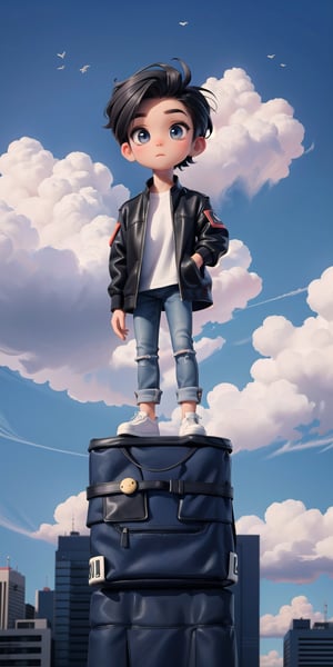  Masterpiece by master, looking_at_camera, Cute chibi 1boy figure, stylish attire, black long jacket, dark blue jeans, faux hawk hairstyle, innocent, 4k, aesthetic, daytime, clouds, cityscape background, fhd,chibi 1boy,1boy,SAM YANG,3DMM,chibi