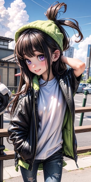  Masterpiece by master, 20 y/o, fit body, looking_at_camera, :), smiling face, Cute 1girl figure, stylish attire, Purple Long Jacket, full white t shirt, dark blue jeans, long hair, black hair, innocent, 4k, aesthetic, blue sky, natural light, daytime, clouds, Tokyo city street background,fhd,sole_female,1girl,one_girl,ONE_GIRL,SAM YANG,3DMM, detailed_background ,Portrait