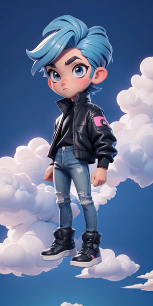  Masterpiece by master, looking_at_camera, Cute chibi 1boy figure, stylish attire, black long jacket, dark blue jeans, faux hawk hairstyle, innocent, 4k, aesthetic, daytime, clouds, cityscape background, fhd,chibi 1boy,1boy,SAM YANG,3DMM,chibi,pastelbg