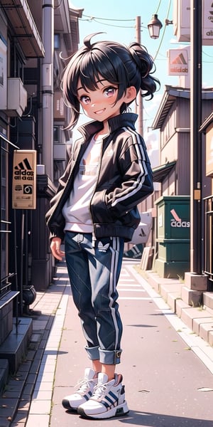  Masterpiece by master, Cute chibi 1boy figure, stylish attire, Red long jacket ((height:1.5)), dark blue jeans, Adidas Mid-top shoes ((Adidas Logo)), faux hawk hairstyle, smiling expression, innocent, 4k, aesthetic, pastel Japanese city street background, fhd,chibi 1boy,1boy,SAM YANG,3dcharacter,chibi,1 girl,pastelbg