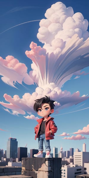  Masterpiece by master, Cute chibi 1boy figure, stylish attire, Red long jacket, dark blue jeans, faux hawk hairstyle, innocent, 4k, aesthetic, daytime, clouds, cityscape background, fhd,chibi 1boy,1boy,SAM YANG,3DMM,chibi