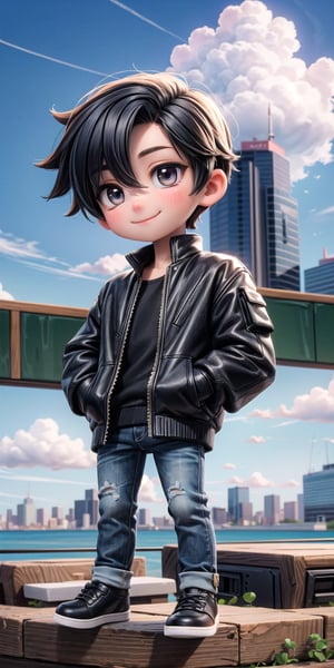  Masterpiece by master, looking_at_camera, :), smiling face, Cute chibi 1boy figure, stylish attire, black long jacket, dark blue jeans, faux hawk hairstyle, innocent, 4k, aesthetic, blue sky, natural light, daytime, clouds, city street background, fhd,chibi 1boy,1boy,one_boy,ONE_BOY,SAM YANG,3DMM,chibi, detailed_background 