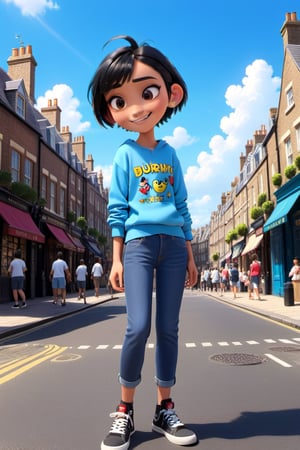 disney style, teen boy 1boy, fir body, smiling, cute, aesthetic clothes, disney pixar style, casual clothes, kawaii, street, London, aesthetic background, masterpiece, master, amazing, rich texture, ample light, blue sky