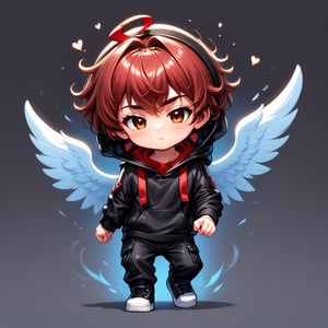 chibi, sd, masterpiece, made by a master, 4k, perfect anatomy, perfect details, best quality, high quality, lots of detail.
(solo),1boy, ((angelboy)), ((reddish hair)), faux hawk hair, (two side up), brown eyes,  (faux hawk hair:1.2), (wavy hair), (hair curls), (two side up), two ((blue)) hair ties on head, (Double golden halo on hid head), choker, ((angel wings)), ahoge, (((0_<1.2))) , (Red long sleeve hooded top), Black long pants, black socks, single, looking at viewer, (dabbing pose:1.2), (full body) ,Emote Chibi. cute comic,simple background, flat color, Cute 1boy,dal,Chibi Style,lineart,