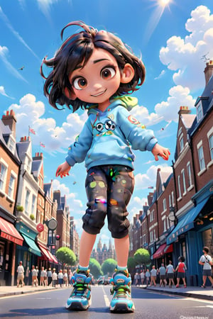 disney style, teen boy, sole_male, fit body, smiling, cute, aesthetic clothes, disney pixar style, casual clothes,  city street, London, aesthetic background, masterpiece, master, amazing, rich texture, ample light, blue sky, boy, 1guy, male,chibi,more detail XL