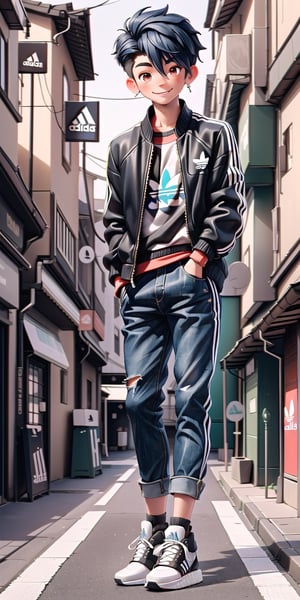  Masterpiece by master, Cute chibi 1boy figure, stylish attire, Red long jacket ((height:1.5)), dark blue jeans, Adidas Mid-top shoes ((Adidas Logo)), faux hawk hairstyle, smiling expression, innocent, 4k, aesthetic, Japanese city street background, fhd,chibi 1boy,1boy,SAM YANG,3dcharacter,chibi