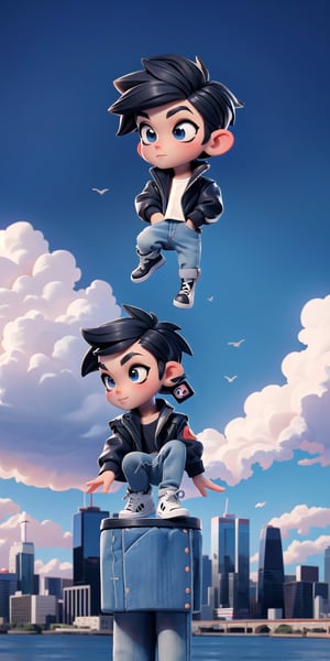  Masterpiece by master, looking_at_camera, Cute chibi 1boy figure, stylish attire, black long jacket, dark blue jeans, faux hawk hairstyle, innocent, 4k, aesthetic, daytime, clouds, cityscape background, fhd,chibi 1boy,1boy,SAM YANG,3DMM,chibi,pastelbg