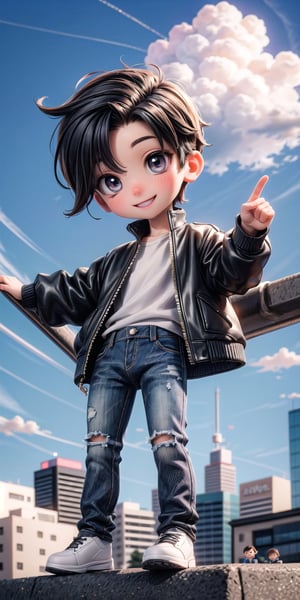  Masterpiece by master, looking_at_camera, :), smiling face, Cute chibi 1boy figure, stylish attire, black long jacket, dark blue jeans, faux hawk hairstyle, innocent, 4k, aesthetic, blue sky, natural light, daytime, clouds, city street background, fhd,chibi 1boy,1boy,one_boy,ONE_BOY,SAM YANG,3DMM,chibi, detailed_background 