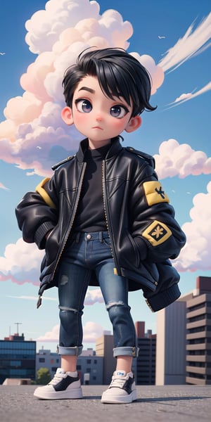  Masterpiece by master, looking_at_camera, Cute chibi 1boy figure, stylish attire, black long jacket, dark blue jeans, faux hawk hairstyle, innocent, 4k, aesthetic, daytime, clouds, city street background, fhd,chibi 1boy,1boy,SAM YANG,3DMM,chibi,pastelbg, detailed_background 