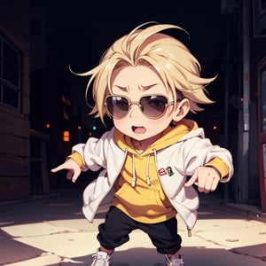 Cute anime 1boy, hoody, innocent, chibi, sunglasses, 1boy  dancing,SAM YANG