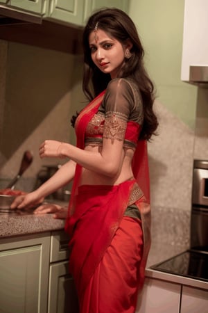 wearig saree, beautifully face ,figure   in kitchen