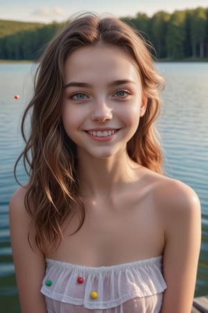 candy nsfw, young woman,photo r3al, realistic photo, hands and face are beautiful
(small breast):2.0,smilling face
(hyper realistic beautiful girl on the lake 
lake in the background, loose hairs, face closeup,
holiday atmosphere):1.7,
1.7,):1.3, (medium body):1.5,onoff