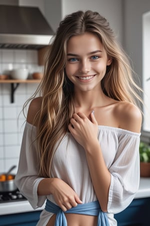  young woman age age of  30,photo r3al,  showing long hairs tied , beautiful hands  closeup of smiling face looking toward camera ,realistic photo,closeup of face  wearing white loose top and blue lower fully covering the body
(small breast):2.0,
(hyper realistic beautiful girl on 
in kitchen