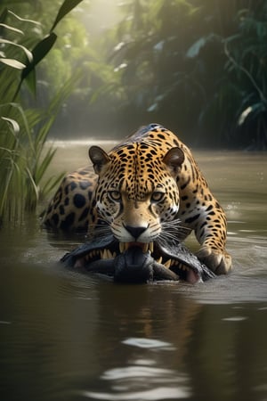 Jaguar hunting a crocodile in a swampy river ,