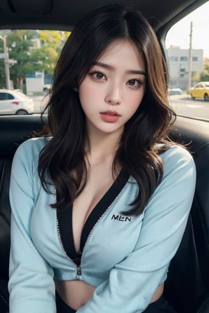 Extremely realistic, women, sitting inside car, medium wavy hair, layered hairstyle, detailed face, medium breasts, wider hips, wearing tracksuit, detailed background, fine detailed, intricate detail, ray tracing, depth of field, doll, full shot,