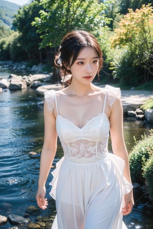 (intricate details),unity 8k wallpaper,ultra detailed,beautiful and aesthetic,detailed, scenery,A girl of about 20 years old, Wearing a wedding dress, The breeze ruffled her hair, Rolling hills, A clear stream, Warm sun