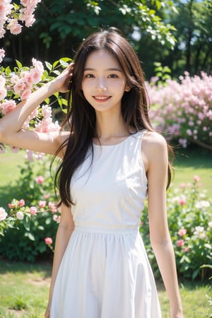 (intricate details),unity 8k wallpaper,ultra detailed,beautiful and aesthetic,detailed, scenery,A girl of about 20 years old, In the sunny countryside scenery, amidst blossoming flowers, stands a girl with golden long hair, naturally curly, emitting a charming shine. She wears a white dress, showcasing fresh elegance, standing in a sea of flowers, smiling in the breeze.