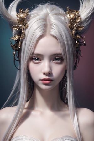 1girl, (masterpiece, top quality, best quality, beautiful and aesthetic:1.2), extreme detailed, colorful, highest detailed, A creepy yet intriguing digital illustration portrait of a albino pale young girl, pure white hair, psychedelic long hair upper body,1 girl