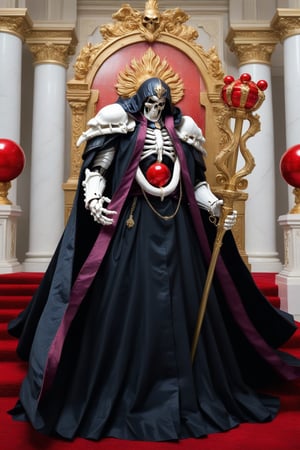 (masterpiece, best quality, 32K ultra-high resolution oil painting, super high resolution, artistic shading, accurate human anatomy, perfect anatomy),
(side view, bottom angle), full body shot, (eyes on camera),
Ainz Ooal Gown \(Overlord\), one boy, solo,
white skull, white skeleton, red eyes, glowing, glowing red ball in chest,
black hood with gold trim, (large white shoulder pads, red balls inlaid), (black robe, purple trim), (scepter, snake object holding seven colored gems in its mouth),
(palace background, huge stone pillars lined up, (red carpet, gold trim), luxurious throne, steps to the throne, huge coat of arms flag),
core_9_up, score_8_up, score_7_up, score_6_up, source_anime,