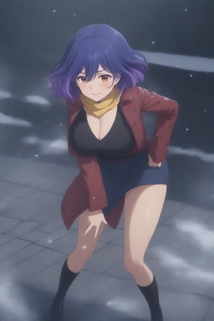 (masterpiece, best quality, 32K ultra HD anime, super high resolution, 1980s /(style/), perfect human anatomy, perfect anatomy), (side view, shot from below), looking at the camera, highlights of breasts,
(vermeil), mature woman, solo,
((short hair, (blue hair, wavy hair, gradient hair, purple hair with tips)), thick parted bangs, hair between eyes, beautiful thin long eyebrows, brown eyes, red rose earrings, pink lips, blush, smiling), (mouth slightly open),
((red leather jacket, yellow scarf), beautiful cleavage, denim skirt), black stockings, black boots,
attractive body, high body, beautiful clavicle line, (huge breasts; 0.3, firm firmness), beautiful hands, (beautiful fingers, 4 fingers, 1 thumb), slightly wide hips; 0.7, a little big_buttocks; 0.8, beautiful_legs, beautiful_knees, beautiful_calves, (beautiful_toes, 4 fingers, 1 thumb),
(standing, bending over, legs wide apart, ry, on cobblestones), (winter park, falling snow, snowstorm, silver world),
, core_9_up, score_8_up, score_7_up, score_6_up, source_anime, BREAK, score_9,