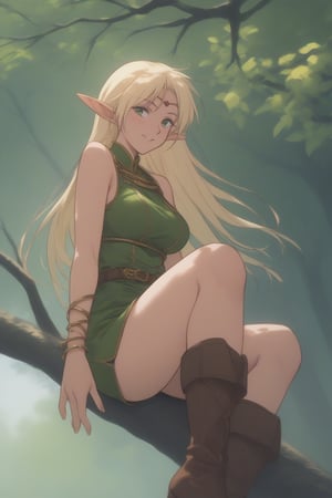 (masterpiece, best quality, 32K ultra HD anime, super high resolution, 1980s /(style/), perfect human anatomy, perfect anatomy), (side view, shot from below), looking at camera, highlights breasts,
(Deedlit), mature woman, elf, solo,
((long hair, blonde hair, center parted bangs, circlet, beautiful long thin eyebrows, lime green eyes, big elven ears, pointed ears, pink lips, blushing, smiling), (mouth slightly open),
(((Deedlit's lime green dress, sleeveless, gold trimmed), (green armor, gold trimmed)), belt, (lime green short skirt, gold trimmed)), black stockings, black boots,
attractive body, high body, beautiful clavicle line, (large breasts; 0.3, firm, firm), beautiful_hands, (beautiful_fingers, 4 fingers, 1 thumb), slightly wide_waist; 0.7, slightly large_buttocks; 0.8, beautiful_legs, beautiful_knees, beautiful_calves, (beautiful_toes, 4 fingers, 1 thumb),
(sitting, on a tree branch, legs wide open, on a big tree branch), (forest scenery, big tree branch, big tree, deep forest),
, core_9_up, score_8_up, score_7_up, score_6_up, source_anime, BREAK, score_9,