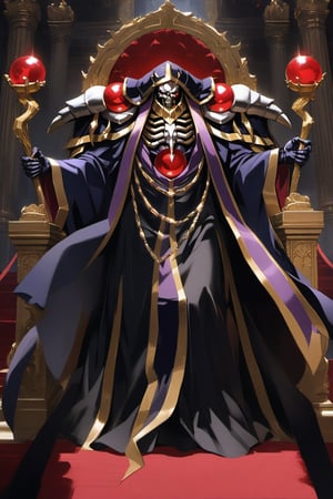 (masterpiece, best quality, 32K ultra-high resolution oil painting, super high resolution, artistic shading, accurate human anatomy, perfect anatomy),
(side view, bottom angle), full body shot, (eyes on camera),
Ainz Ooal Gown \(Overlord\), one boy, solo,
white skull, white skeleton, red eyes, glowing, glowing red ball in chest,
black hood with gold trim, (white giant shoulder pads, red balls inlaid), (black robe, purple trim), (scepter, snake holds seven-colored gem on staff),
(palace background, huge stone pillars lined up, (red carpet, gold trim), luxurious throne, steps to the throne, huge coat of arms flag),
core_9_up, score_8_up, score_7_up, score_6_up, source_anime,