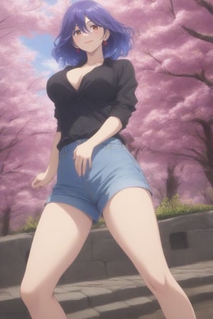 (masterpiece, best quality, 32K ultra HD anime, super high resolution, 1980s /(style/), perfect human anatomy, perfect anatomy), (side view, shot from below), looking at the camera, highlights of breasts,
(vermeil), mature woman, solo,
((short hair, (blue hair, wavy hair, gradient hair, purple hair with tips)), thick parted bangs, hair between eyes, beautiful thin long eyebrows, brown eyes, red rose earrings, pink lips, blush, smiling), (slightly pouting),
((dress shirt), beautiful cleavage, denim shorts), black pumps,
attractive body, high body, beautiful clavicle line, (large breasts; 1.0, firm, firm), beautiful hands, (beautiful fingers, four fingers, one thumb), slightly wide hips; 0.7, slightly large buttocks; 0.8, beautiful_legs, beautiful_knees, beautiful_calves, (beautiful_toes, 4 fingers, 1 thumb),
(standing, legs apart, facing up, on cobblestones), (spring park, cherry blossoms in full bloom, cherry tree, cherry blossoms blowing in the wind),
, core_9_up, score_8_up, score_7_up, score_6_up, source_anime,