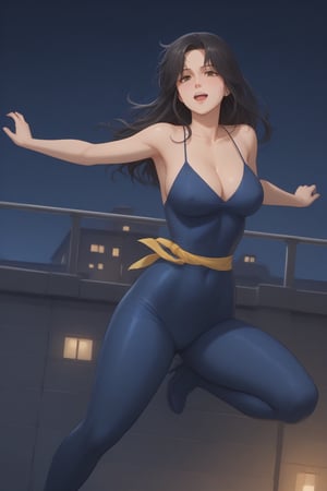 (masterpiece, best quality, 32K Ultra HD anime, super high resolution, 1980s /(style/), traditional media, perfect human anatomy, perfect anatomy),
(front view, shot from below), looking at the camera, highlights on breasts,
(fh1to), mature woman, solo,
((long hair, black hair, straight hair, messy hair, unevenly parted bangs, beautiful thin long eyebrows, (brown eyes, thin eyes, kind eyes), pink lips, blushing, teary eyes, smiling), heavy breathing, white breath, slightly open mouth, drooling,
attractive body, plump body, voluptuous body, beautiful collarbone line, (large breasts; 0.5, firm breasts, traces of erect nipples), beautiful deep cleavage, beautiful hands, (beautiful fingers, four fingers, one thumb), smooth stomach, slightly wide waist; 0.7, slightly large buttocks; 0.1, beautiful pussy line, beautiful legs, beautiful knees, beautiful calves, (beautiful toes, four fingers, one thumb),
(blue_catsuit_yellow_belt, yellow scarf around waist, blue tights, blue high heels),
(jumping in, hugging, jumping, arms wide open, legs wide open, to the viewer, on the roof of a building, in the darkness of night),
(scenery on the roof of a building, big building, iron piping, outdoor unit, searchlight, iron door, iron fence, night),
core_9_up, score_8_up, score_7_up, score_6_up, source_anime, BREAK, score_9, score_4_up, score_5_up,