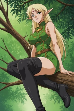 (masterpiece, best quality, 32K ultra HD anime, super high resolution, 1980s /(style/), perfect human anatomy, perfect anatomy), (side view, shot from below), looking at camera, highlights breasts,
(Deedlit), mature woman, elf, solo,
((long hair, blonde hair, center parted bangs, circlet, beautiful long thin eyebrows, lime green eyes, pointed ears, pink lips, blushing, smiling), (mouth slightly open),
(((Deedlit's lime green dress, sleeveless, gold trimmed), (green armor, gold trimmed)), belt, (lime green short skirt, gold trimmed)), black stockings, black boots,
attractive body, high body, beautiful clavicle line, (large breasts; 0.3, firm firmness), beautiful hands, (beautiful fingers, 4 fingers, 1 thumb), slightly wide hips; 0.7, a little big_buttocks; 0.8, beautiful_legs, beautiful_knees, beautiful_calves, (beautiful_toes, 4 fingers, 1 thumb),
(sitting, on a tree branch, legs wide open, on a big tree branch), (forest scenery, big tree branch, big tree, deep forest),
, core_9_up, score_8_up, score_7_up, score_6_up, source_anime, BREAK, score_9, score_9_up