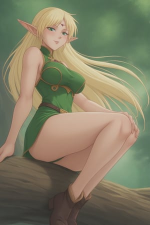 (masterpiece, best quality, 32K ultra HD anime, super high resolution, 1980s /(style/), perfect human anatomy, perfect anatomy), (side view, shot from below), looking at camera, highlights breasts,
(Deedlit), mature woman, elf, solo,
((long hair, blonde hair, center parted bangs, circlet, beautiful long thin eyebrows, lime green eyes, big elven ears, pointed ears, pink lips, blushing, smiling), (mouth slightly open),
(((Deedlit's lime green dress, sleeveless, gold trimmed), (green armor, gold trimmed)), belt, (lime green short skirt, gold trimmed)), black stockings, black boots,
attractive body, high body, beautiful clavicle line, (large breasts; 0.3, firm, firm), beautiful_hands, (beautiful_fingers, 4 fingers, 1 thumb), slightly wide_waist; 0.7, slightly large_buttocks; 0.8, beautiful_legs, beautiful_knees, beautiful_calves, (beautiful_toes, 4 fingers, 1 thumb),
(sitting, on a tree branch, legs wide open, on a big tree branch), (forest scenery, big tree branch, big tree, deep forest),
, core_9_up, score_8_up, score_7_up, score_6_up, source_anime, BREAK, score_9,