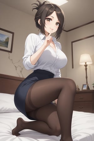 (masterpiece, best quality, 32K ultra HD anime, super high resolution, 1980s /(style/), perfect human anatomy, perfect anatomy, NSFW), (side view, shot from below), looking at camera, highlights breasts,
(kanakojixl), mature woman, solo,
((short hair, black hair, folded ponytail, unevenly parted bangs, beautiful thin long eyebrows, light brown eyes, pink lips, blushing, smiling), (mouth slightly open),
collared shirt, cleavage, white shirt, pencil skirt, black skirt, black pantyhose, office lady,
attractive body, beautiful collarbone line, (big breasts; 0.3, firm firmness), beautiful hands, (beautiful fingers, 4 fingers, 1 thumb), slightly wide hips; 0.7, slightly large ass; 0.8, beautiful_legs, beautiful_knees, beautiful_calves, (beautiful_toes, 4_fingers, 1_thumb),
(posing on knees, facing forward, legs wide open, lifting skirt with hands, holding index finger in mouth, on bed, in inn room), (inn scenery, dim light, old wooden room, dilapidated, big bed, broken wooden wall, night sky),
, core_9_up, score_8_up, score_7_up, score_6_up, source_anime, BREAK, score_9,