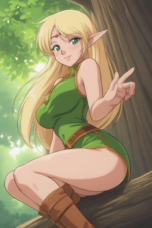 (masterpiece, best quality, 32K ultra HD anime, super high resolution, 1980s /(style/), perfect human anatomy, perfect anatomy), (side view, shot from below), looking at camera, highlights breasts,
(Deedlit), mature woman, elf, solo,
((long hair, blonde hair, center parted bangs, circlet, beautiful long thin eyebrows, lime green eyes, pointed ears, pink lips, blushing, smiling), (mouth slightly open),
(((Deedlit's lime green dress, sleeveless, gold trimmed), (green armor, gold trimmed)), belt, (lime green short skirt, gold trimmed)), black stockings, black boots,
attractive body, high body, beautiful clavicle line, (large breasts; 0.3, firm firmness), beautiful hands, (beautiful fingers, 4 fingers, 1 thumb), slightly wide hips; 0.7, a little big_buttocks; 0.8, beautiful_legs, beautiful_knees, beautiful_calves, (beautiful_toes, 4 fingers, 1 thumb),
(sitting, on a tree branch, legs wide open, on a big tree branch), (forest scenery, big tree branch, big tree, deep forest),
, core_9_up, score_8_up, score_7_up, score_6_up, source_anime,