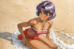(Masterpiece, Top Quality, Ultra High Resolution, Anatomically Correct, Perfect Anatomy, Exquisite Details, Traditional Media, Retro Art Style, 1980s Style), 1 Girl, Solo, Nadia La Alwall, Purple Hair, Short Bob Cut, Dark Skinned Woman, Red Loincloth, Jewelry, Bandeau, Purple Hair, Hair Clip, Red Vest, Necklace, Beach, Sitting, Supporting Arms, Smiling, Looking at Viewer, Highly Detailed, Clear Lines