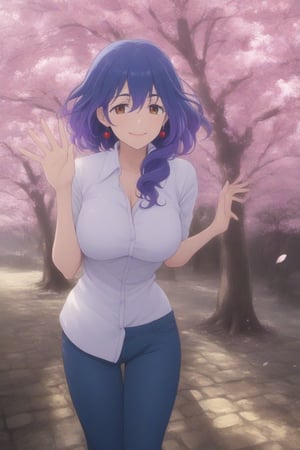 (masterpiece, best quality, 32K ultra HD anime, super high resolution, 1980s /(style/), perfect human anatomy, perfect anatomy), (side view, shot from below), looking at the camera, highlights of breasts,
(vermeil), mature woman, solo,
((short hair, (blue hair, wavy hair, gradient hair, purple hair with tips)), thick parted bangs, hair between eyes, beautiful thin long eyebrows, brown eyes, red rose earrings, pink lips, blush, smiling), (slightly pouting),
((dress shirt), beautiful cleavage, jeans pants), black pumps,
attractive body, high body, beautiful clavicle line, (huge breasts; 1.0, firm, firm), beautiful hands, (beautiful fingers, four fingers, one thumb), slightly wide hips; 0.7, slightly large ass; 0.8, beautiful_legs, beautiful_knees, beautiful_calves, (beautiful_toes, 4 fingers, 1 thumb),
(standing, legs apart, facing up, on cobblestones), (spring park, cherry blossoms in full bloom, cherry tree, cherry blossoms blowing in the wind),
, core_9_up, score_8_up, score_7_up, score_6_up, source_anime,