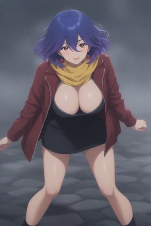 (masterpiece, best quality, 32K ultra HD anime, super high resolution, 1980s /(style/), perfect human anatomy, perfect anatomy), (side view, shot from below), looking at the camera, highlights of breasts,
(vermeil), mature woman, solo,
((short hair, (blue hair, wavy hair, gradient hair, purple hair with tips)), thick parted bangs, hair between eyes, beautiful thin long eyebrows, brown eyes, red rose earrings, pink lips, blush, smiling), (mouth slightly open),
((red leather jacket, yellow scarf), beautiful cleavage, denim skirt), black stockings, black boots,
attractive body, high body, beautiful clavicle line, (huge breasts; 0.3, firm firmness), beautiful hands, (beautiful fingers, 4 fingers, 1 thumb), slightly wide hips; 0.7, a little big_buttocks; 0.8, beautiful_legs, beautiful_knees, beautiful_calves, (beautiful_toes, 4 fingers, 1 thumb),
(standing, bending over, legs wide apart, ry, on cobblestones), (winter park, falling snow, snowstorm, silver world),
, core_9_up, score_8_up, score_7_up, score_6_up, source_anime, BREAK, score_9,