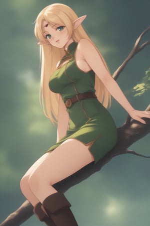 (masterpiece, best quality, 32K ultra HD anime, super high resolution, 1980s /(style/), perfect human anatomy, perfect anatomy), (side view, shot from below), looking at camera, highlights breasts,
(Deedlit), mature woman, elf, solo,
((long hair, blonde hair, center parted bangs, circlet, beautiful long thin eyebrows, lime green eyes, pointed ears, pink lips, blushing, smiling), (mouth slightly open),
(((Deedlit's lime green dress, sleeveless, gold trimmed), (green armor, gold trimmed)), belt, (lime green short skirt, gold trimmed)), black stockings, black boots,
attractive body, high body, beautiful clavicle line, (large breasts; 0.3, firm firmness), beautiful hands, (beautiful fingers, 4 fingers, 1 thumb), slightly wide hips; 0.7, a little big_buttocks; 0.8, beautiful_legs, beautiful_knees, beautiful_calves, (beautiful_toes, 4 fingers, 1 thumb),
(sitting, on a tree branch, legs wide open, on a big tree branch), (forest scenery, big tree branch, big tree, deep forest),
, core_9_up, score_8_up, score_7_up, score_6_up, source_anime, BREAK, score_9, score_9_up