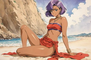 (Masterpiece, Top Quality, Ultra High Resolution, Anatomically Correct, Perfect Anatomy, Exquisite Details, Traditional Media, Retro Art Style, 1980s Style), 1 Girl, Solo, Nadia La Alwall, Purple Hair, Short Bob Cut, Dark Skinned Woman, Red Loincloth, Jewelry, Bandeau, Purple Hair, Hair Clip, Red Vest, Necklace, Beach, Sitting, Supporting Arms, Smiling, Looking at Viewer, source_anime, score_9, score_8_up, score_7_up,Highly Detailed, Clear Lines