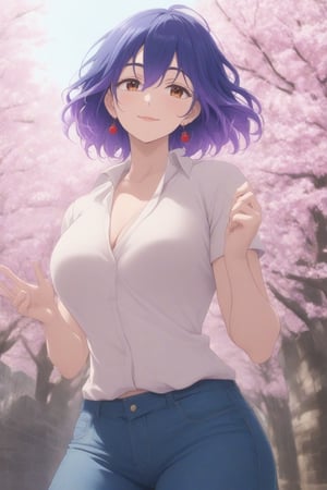 (masterpiece, best quality, 32K ultra HD anime, super high resolution, 1980s /(style/), perfect human anatomy, perfect anatomy), (side view, shot from below), looking at the camera, highlights of breasts,
(vermeil), mature woman, solo,
((short hair, (blue hair, wavy hair, gradient hair, purple hair with tips)), thick parted bangs, hair between eyes, beautiful thin long eyebrows, brown eyes, red rose earrings, pink lips, blush, smiling), (slightly pouting),
((dress shirt), beautiful cleavage, denim shorts), black pumps,
attractive body, high body, beautiful clavicle line, (large breasts; 1.0, firm, firm), beautiful hands, (beautiful fingers, four fingers, one thumb), slightly wide hips; 0.7, slightly large buttocks; 0.8, beautiful_legs, beautiful_knees, beautiful_calves, (beautiful_toes, 4 fingers, 1 thumb),
(standing, legs apart, facing up, on cobblestones), (spring park, cherry blossoms in full bloom, cherry tree, cherry blossoms blowing in the wind),
, core_9_up, score_8_up, score_7_up, score_6_up, source_anime,